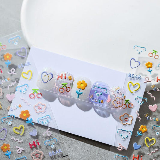 NailMAD Nail Art Stickers Adhesive s Embossed Cute Heart Stars Flowers Design Sticker Decals - Nail MAD