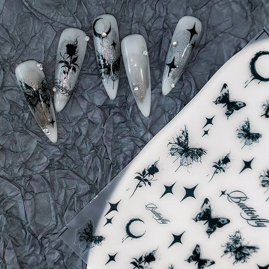 Nail Art Stickers Adhesive Slider Black Butterfly Rose Sticker Decals TS2017