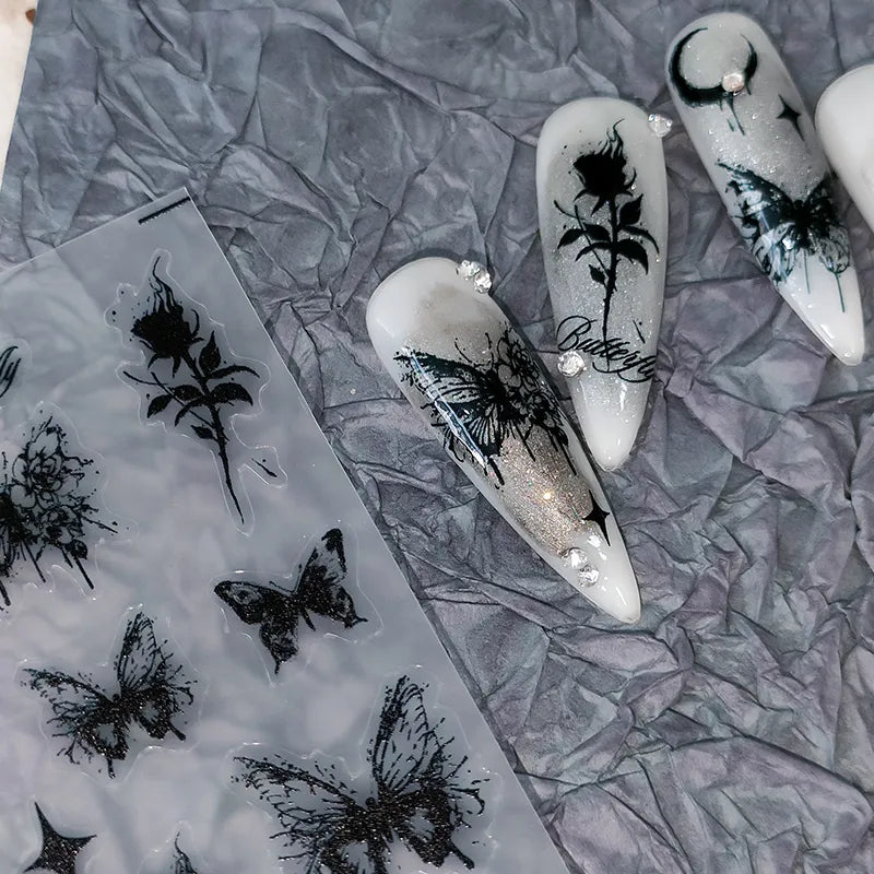 Nail Art Stickers Adhesive Slider Black Butterfly Rose Sticker Decals TS2017