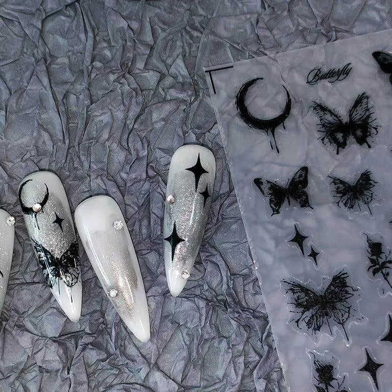 Nail Art Stickers Adhesive Slider Black Butterfly Rose Sticker Decals TS2017
