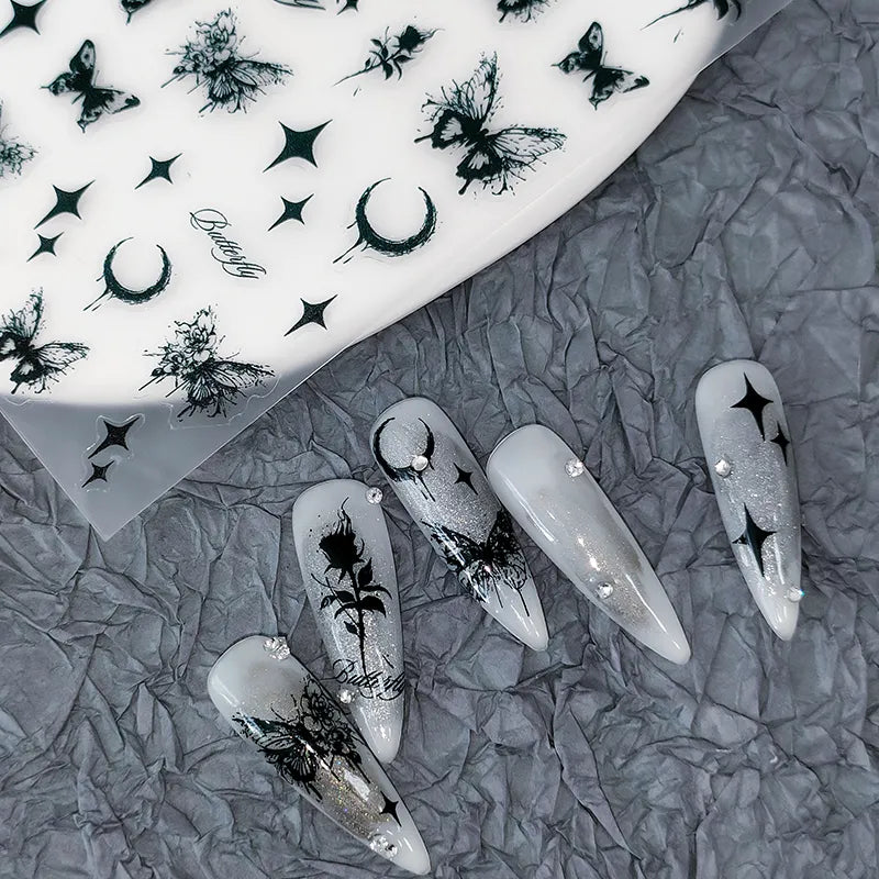 Nail Art Stickers Adhesive Slider Black Butterfly Rose Sticker Decals TS2017