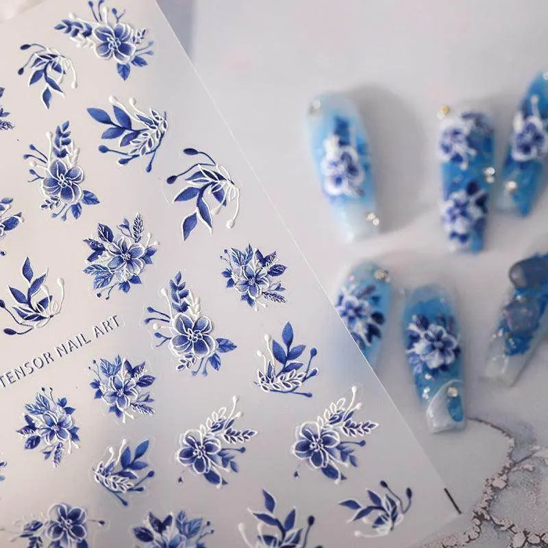 Blue Leave Tree Sticker Nail Art Stickers Adhesive Slider Blue Flower Leaf Sticker Decals TS21 ...