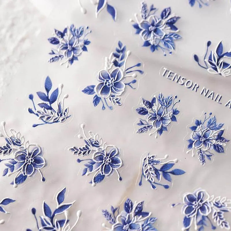 Nail Art Stickers Adhesive Slider Blue Flower Leaf Sticker Decals 