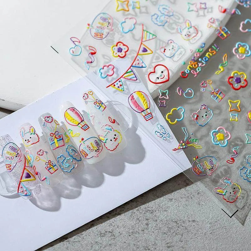 Nail Art Stickers Adhesive Slider Colorful Line Graffiti Embossed Sticker Decals TS1553