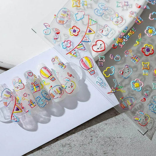 Nail Art Stickers Adhesive Slider Colorful Line Graffiti Embossed Sticker Decals TS1553