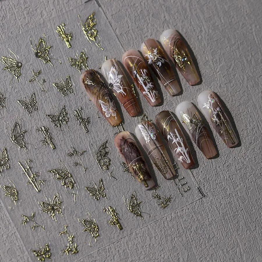 Nail Art Stickers Adhesive Slider Embossed Vintage Butterfly with Beads Sticker Decals TL113