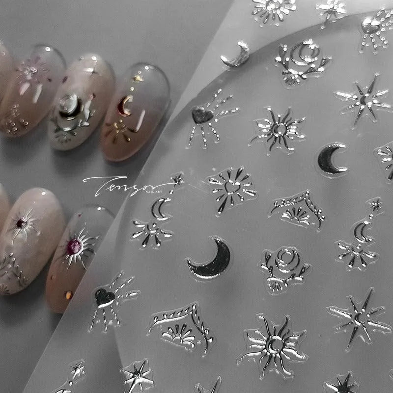 Nail Art Stickers Adhesive Slider Gold Silver Moon Shape Metal Sticker Decals 
