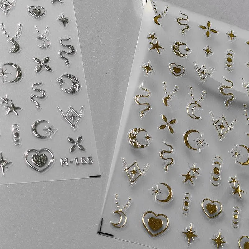 Nail Art Stickers Adhesive Slider Gold Silver Moon Snake Shape Metal Sticker Decals M165