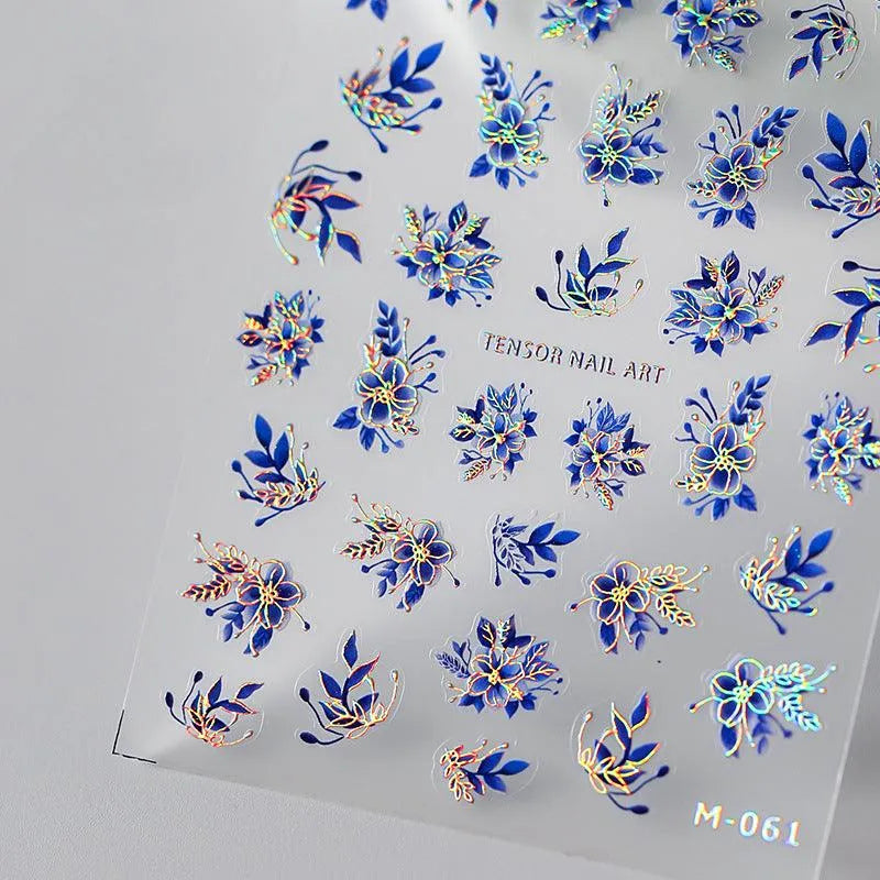 Nail Art Stickers Adhesive Slider Laser Blue Leaf Sticker Decals M061