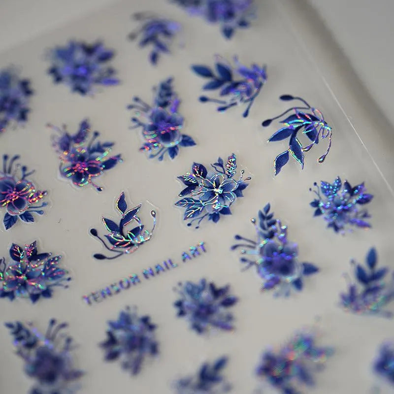 Nail Art Stickers Adhesive Slider Laser Blue Leaf Sticker Decals M061