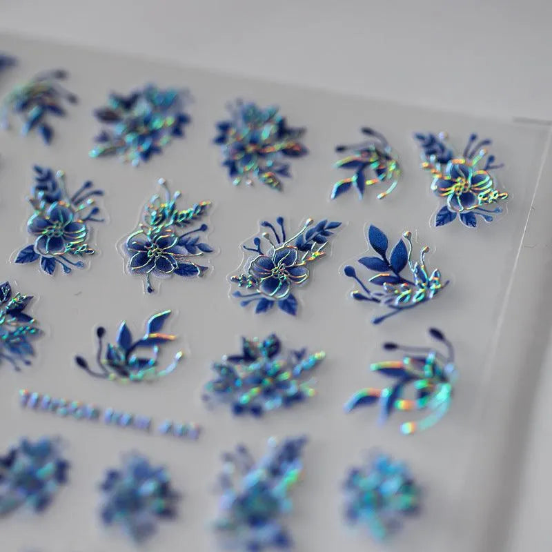 Nail Art Stickers Adhesive Slider Laser Blue Leaf Sticker Decals M061