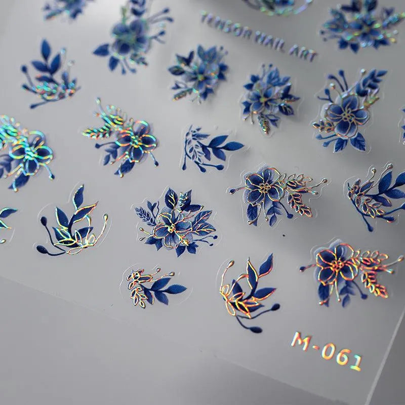 Nail Art Stickers Adhesive Slider Laser Blue Leaf Sticker Decals M061