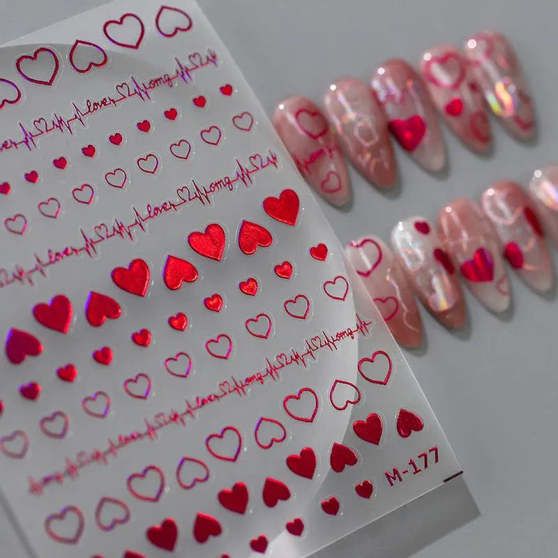 Nail Art Stickers Adhesive Slider Red Heart Embossed Sticker Decals M177