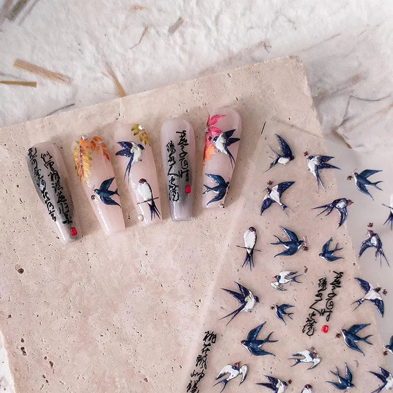 Nail Art Stickers Adhesive Sliders Embossed Swallow Sticker Decals 