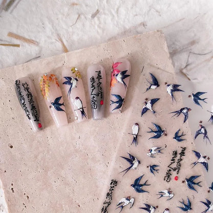 Nail Art Stickers Adhesive Sliders Embossed Swallow Sticker Decals 