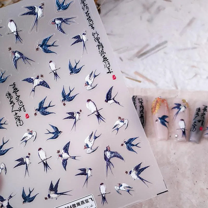Nail Art Stickers Adhesive Sliders Embossed Swallow Sticker Decals 