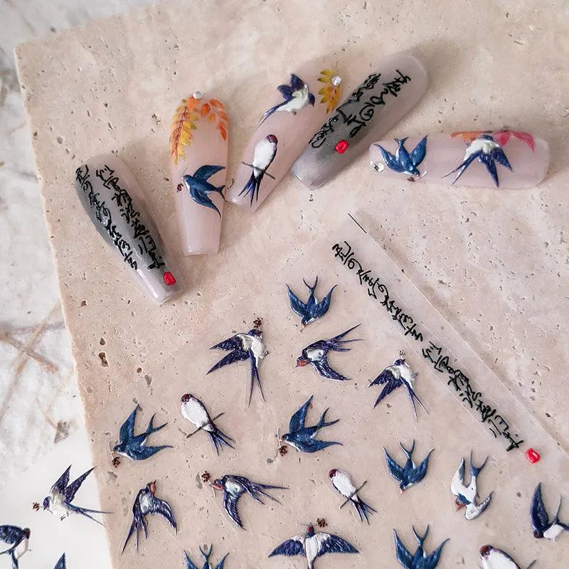Nail Art Stickers Adhesive Sliders Embossed Swallow Sticker Decals 