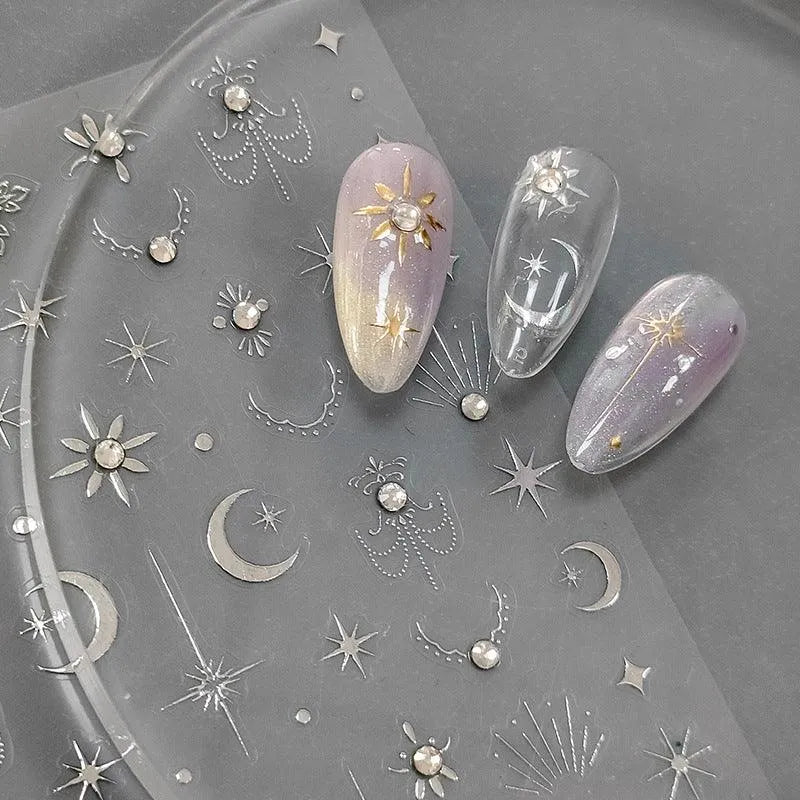 Nail Art Stickers Adhesive Sliders Gold Silver Stars Moon Embossed Sticker Decals TL056