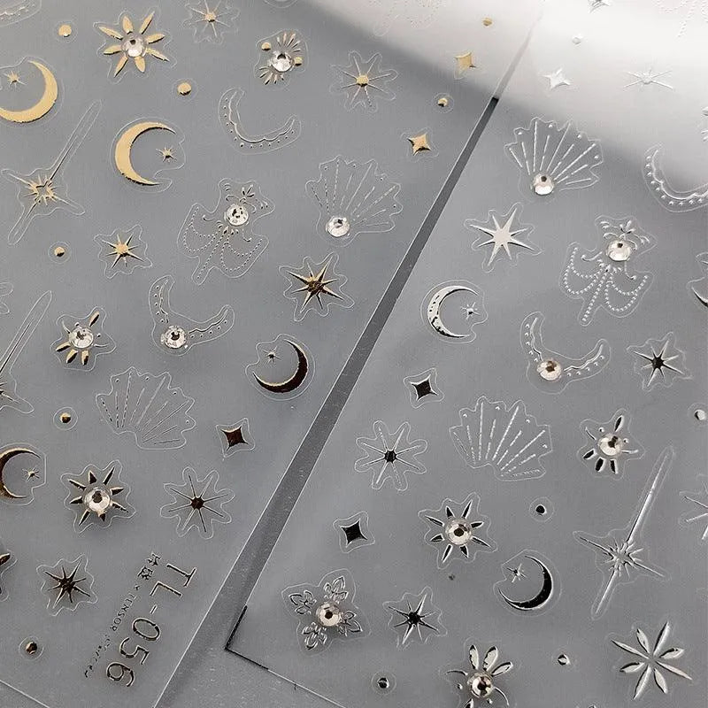 Nail Art Stickers Adhesive Sliders Gold Silver Stars Moon Embossed Sticker Decals TL056