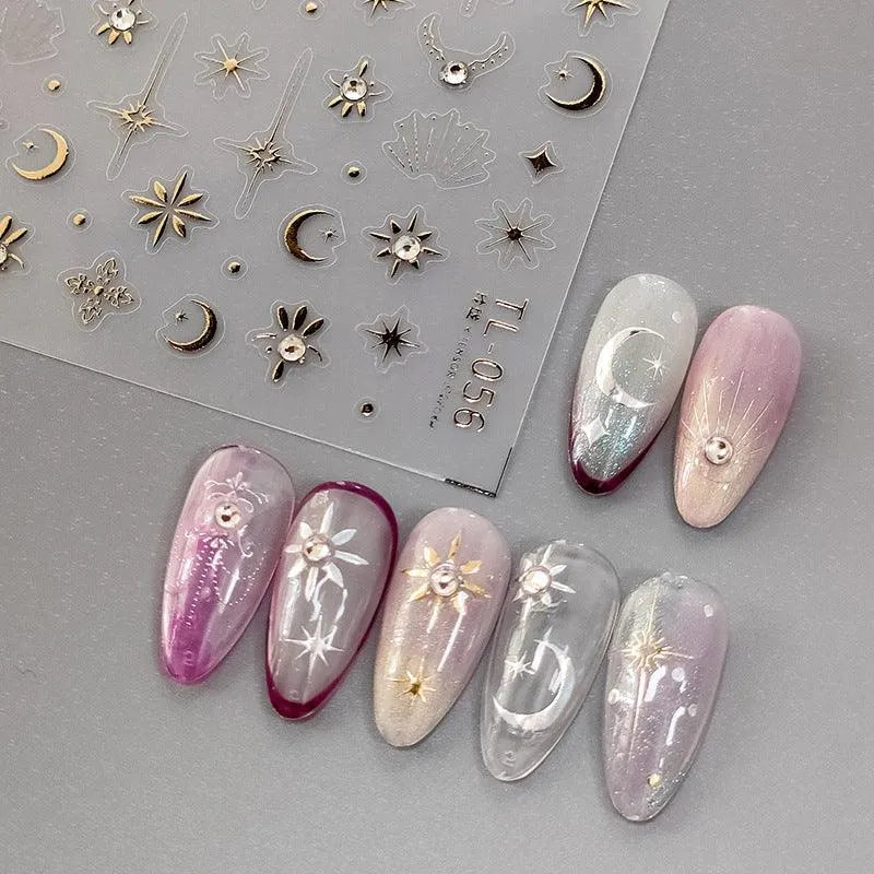 Nail Art Stickers Adhesive Sliders Gold Silver Stars Moon Embossed Sticker Decals TL056