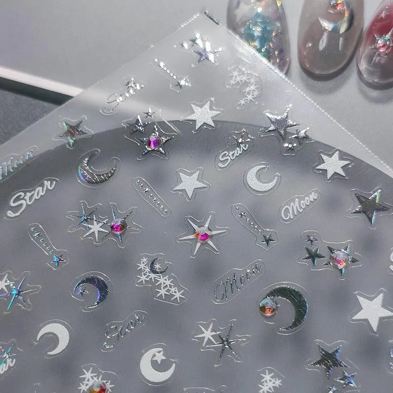Nail Art Stickers Adhesive Sliders Moon Stars With Rhinestone Sticker Decals TL054