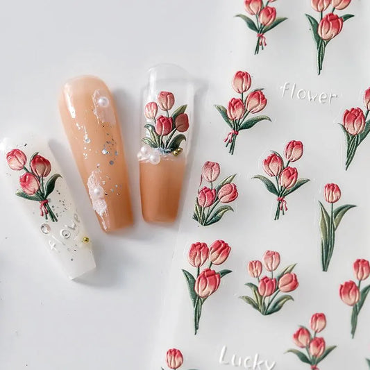 Nail Art Stickers Adhesive Sliders Tulips Embossed Sticker Decals TS2247