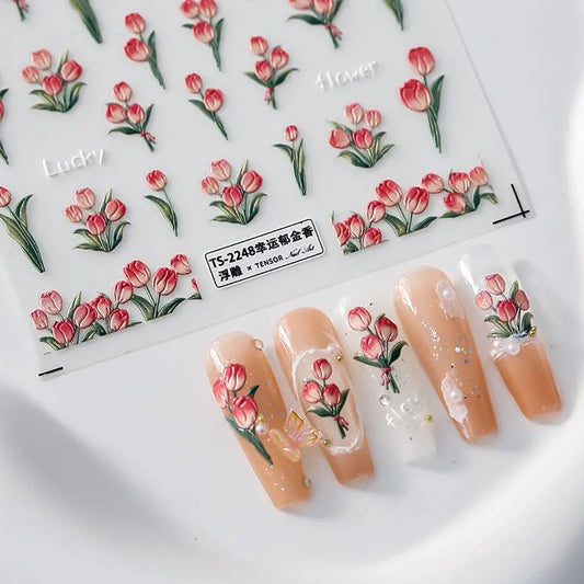 Nail Art Stickers Adhesive Sliders Tulips Embossed Sticker Decals TS2247