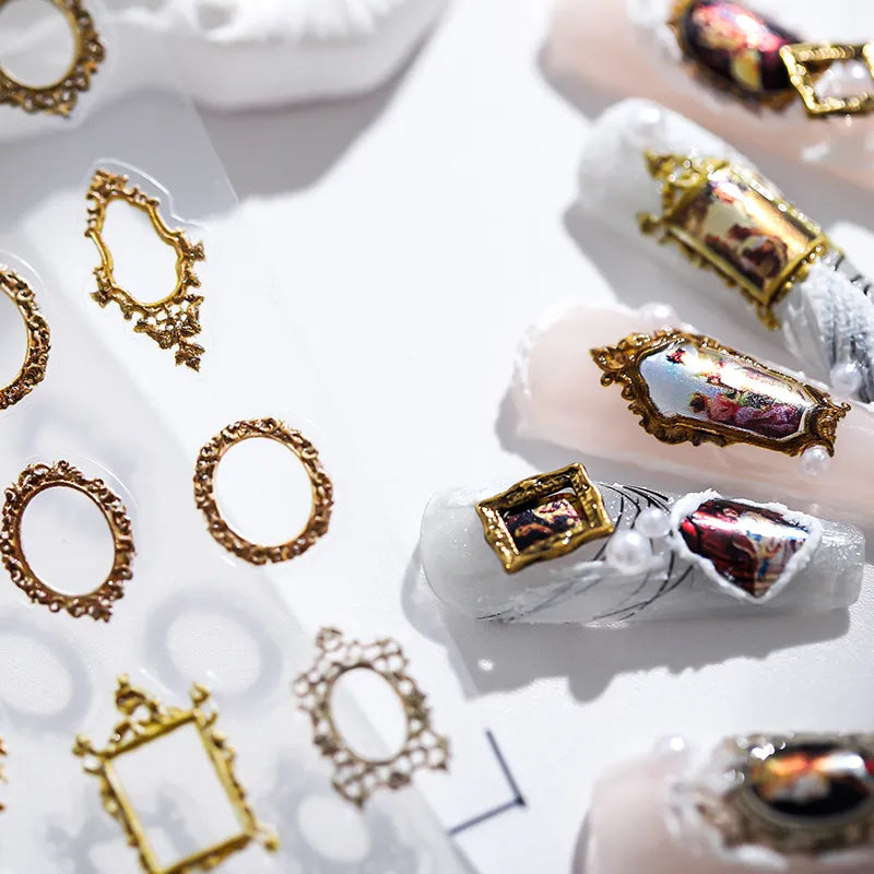 Nail Art Stickers Adhesive Sliders Vintage Photo Frames Embossed Sticker Decals 