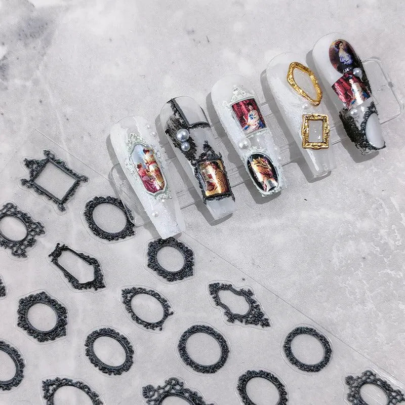 Nail Art Stickers Adhesive Sliders Vintage Photo Frames Embossed Sticker Decals 