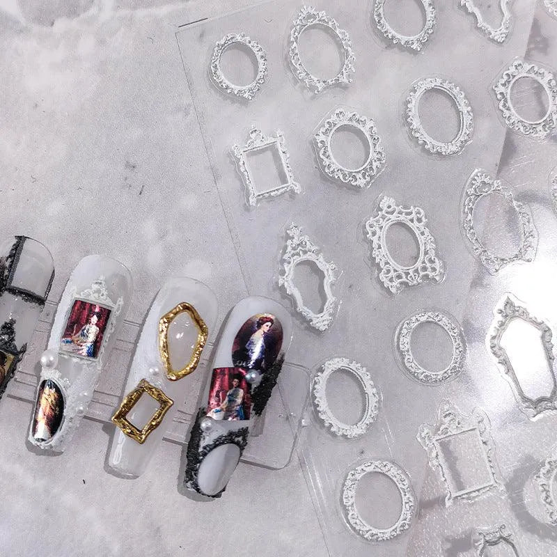 Nail Art Stickers Adhesive Sliders Vintage Photo Frames Embossed Sticker Decals 