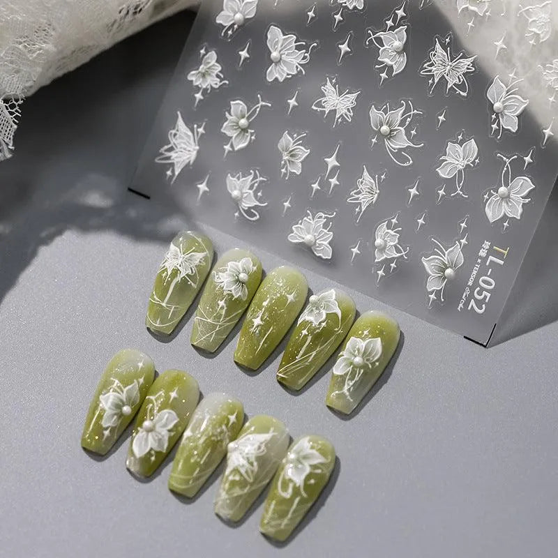 Nail Art Stickers Adhesive Sliders White Floral Leaf With Pearl Embossed Sticker Decals TL052