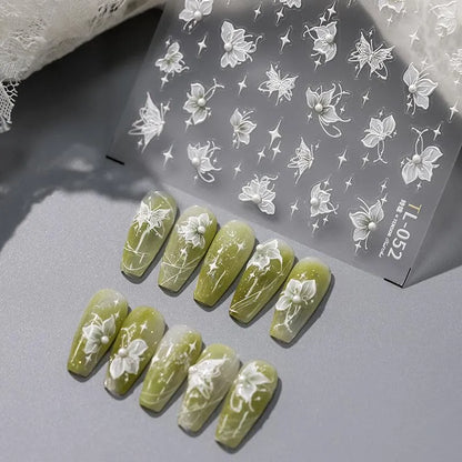 Nail Art Stickers Adhesive Sliders White Floral Leaf With Pearl Embossed Sticker Decals TL052