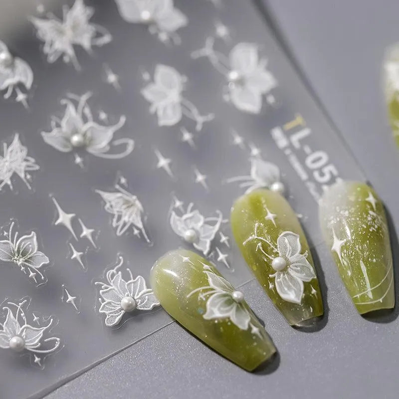 Nail Art Stickers Adhesive Sliders White Floral Leaf With Pearl Embossed Sticker Decals TL052