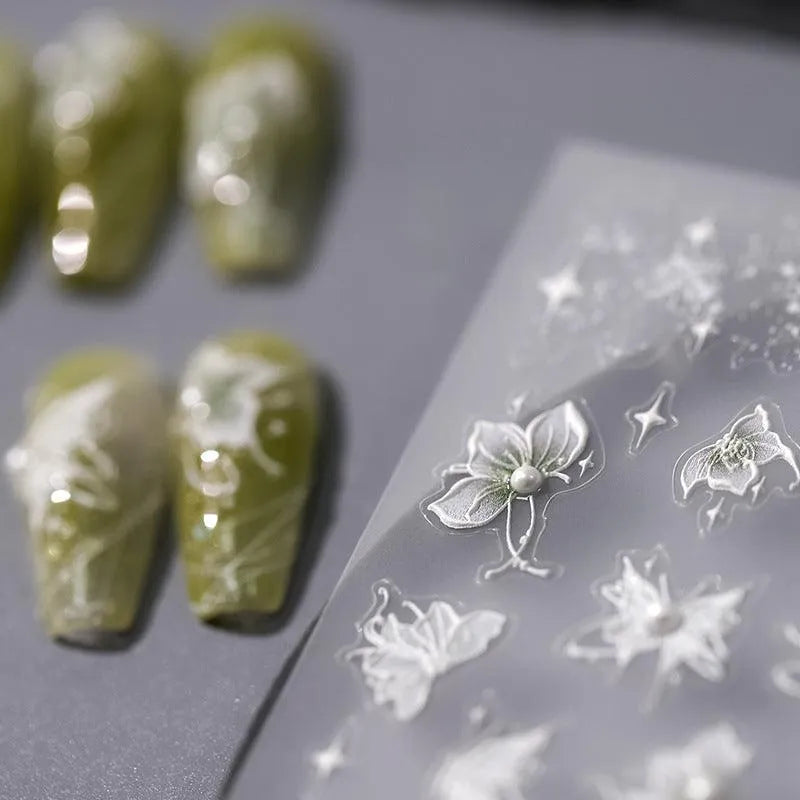 Nail Art Stickers Adhesive Sliders White Floral Leaf With Pearl Embossed Sticker Decals TL052
