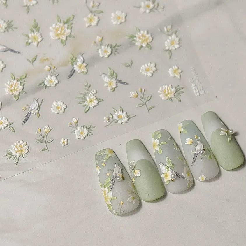 Nail Art Stickers Flower Bird Adhesive Embossed Sticker Decals