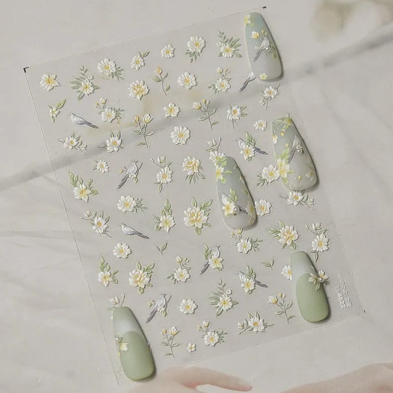 Nail Art Stickers Flower Bird Adhesive Embossed Sticker Decals