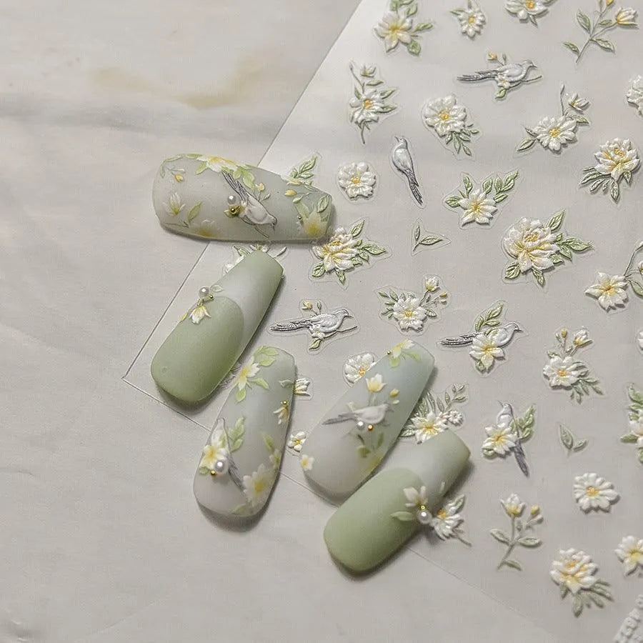 Nail Art Stickers Flower Bird Adhesive Embossed Sticker Decals