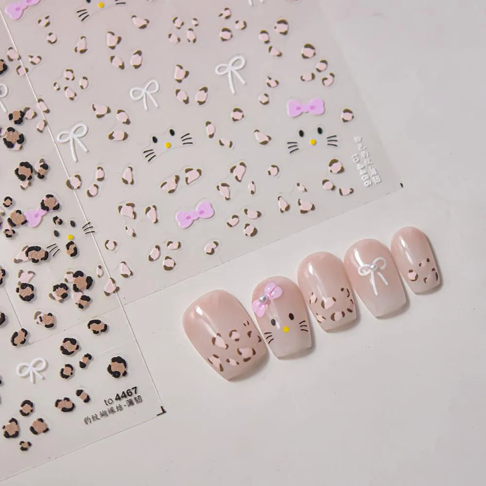 Nail Art Stickers Pink Leopard Bow Knot Adhesive Sticker Decals 