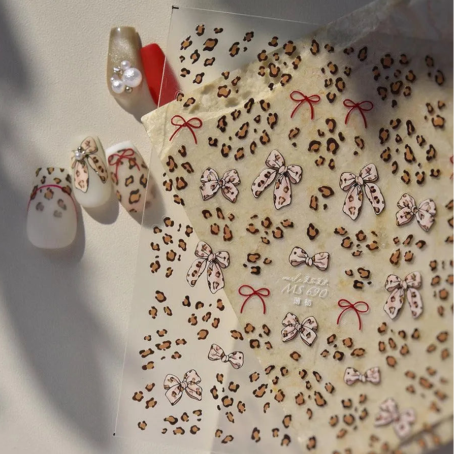 Nail Art Stickers Pink Leopard Bow Knot Adhesive Sticker Decals 