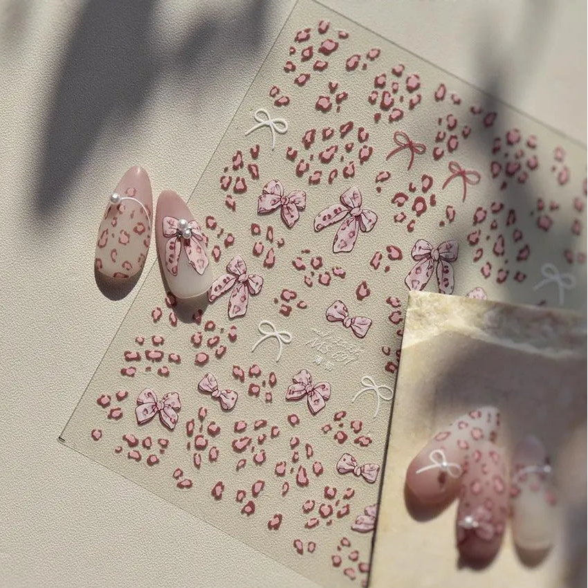 Nail Art Stickers Pink Leopard Bow Knot Adhesive Sticker Decals 