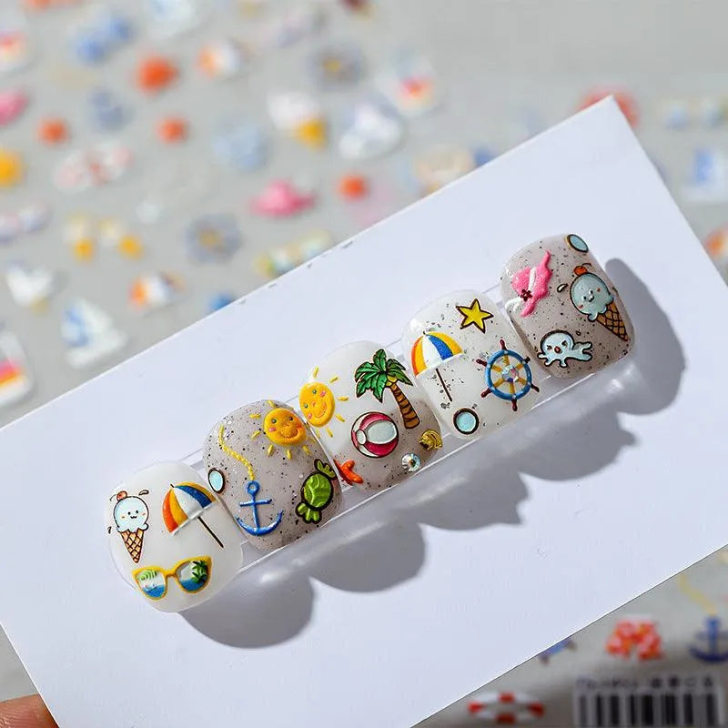 Nail Art Stickers Summer Beach Elements Adhesive Embossed Sticker Decals 