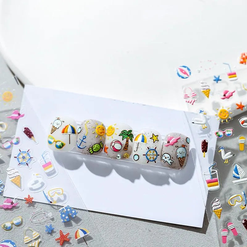 Nail Art Stickers Summer Beach Elements Adhesive Embossed Sticker Decals 