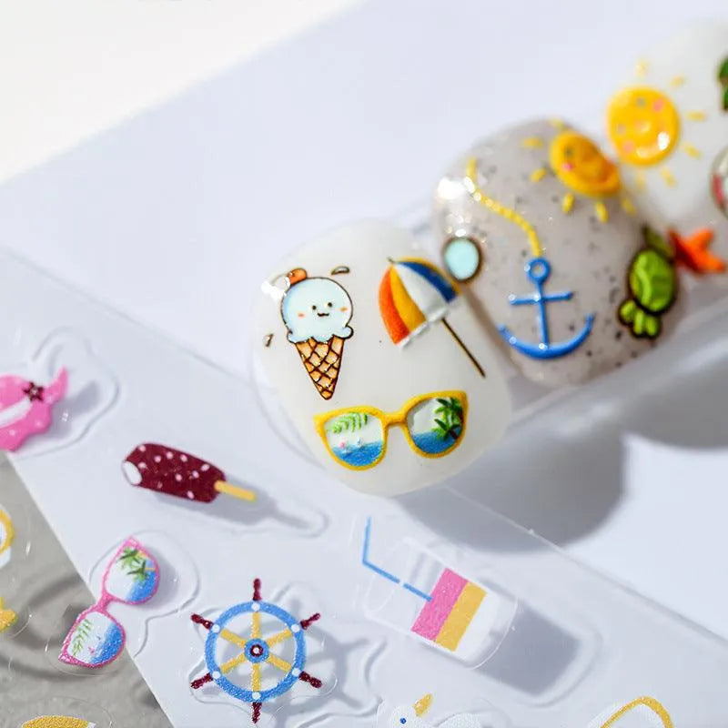 Nail Art Stickers Summer Beach Elements Adhesive Embossed Sticker Decals 