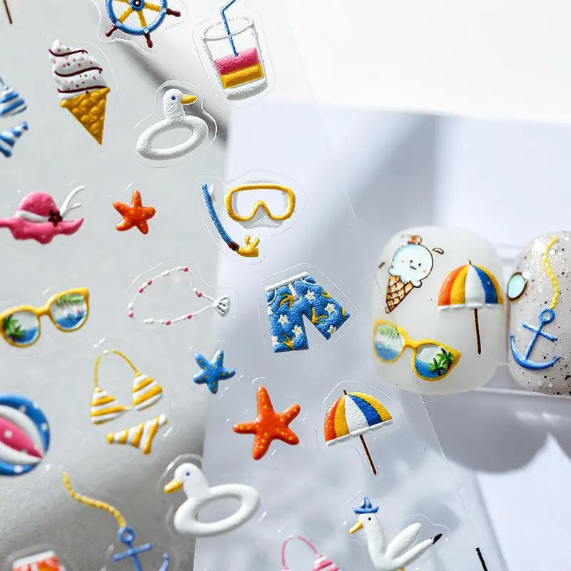 Nail Art Stickers Summer Beach Elements Adhesive Embossed Sticker Decals 
