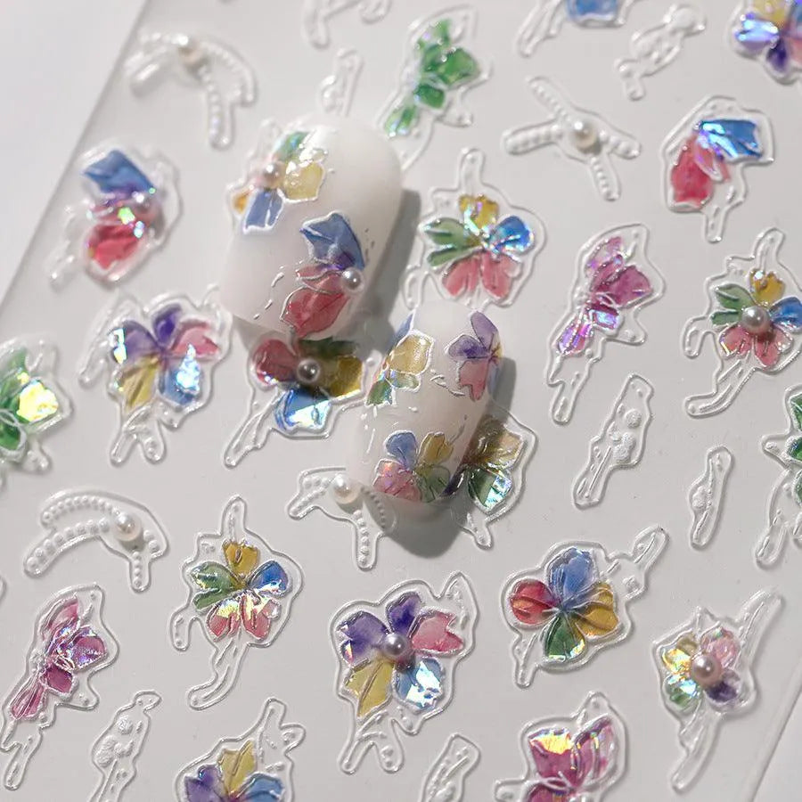 Nail Art Stickers Watercolor Flower Adhesive Slider Shiny Clover Sticker Decals TL152
