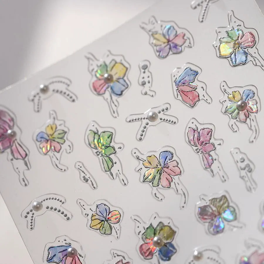 Nail Art Stickers Watercolor Flower Adhesive Slider Shiny Clover Sticker Decals TL152