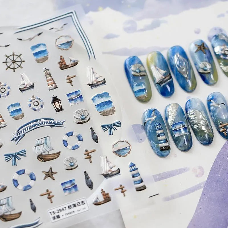 Nautical Nail Art Stickers Ship Anchor Beacon Design Adhesive Sticker Decals TS2947