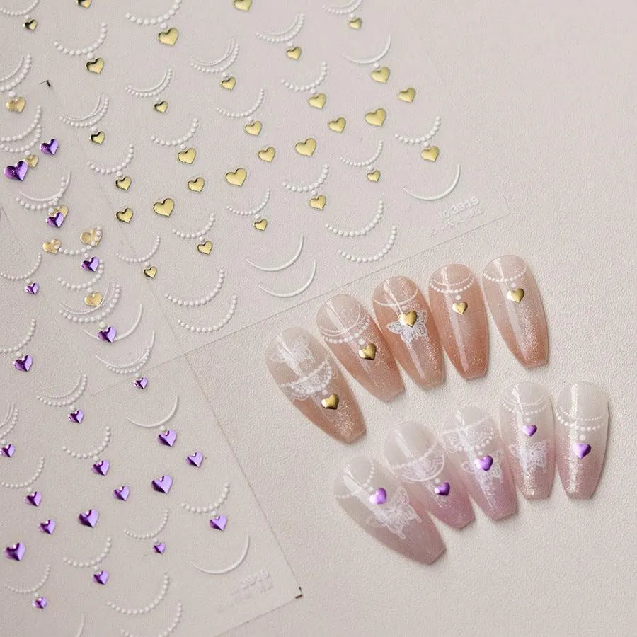 Necklace Design Nail Art Stickers Adhesive Embossed Rhinestone Heart Shape Pendant Sticker Decals to3919