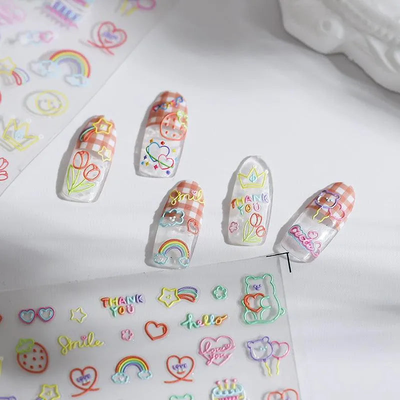 Neon Colors Cartoon Nail Art Stickers Colorful Flower Star Heart Adhesive Slider Sticker Decals TS1749