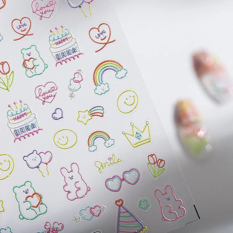 Neon Colors Cartoon Nail Art Stickers Colorful Flower Star Heart Adhesive Slider Sticker Decals TS1749